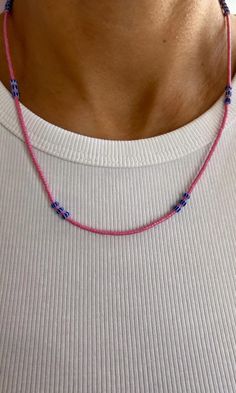 Handmade by Koï Design Pink Miyuki beads Blue striped glass beads Blue string Adjustable(you can use it short or long) Carefully and nicely packaged and sent you with our choosen gift Pink Beaded Necklace With Tiny Beads For Gift, Dainty Pink Beaded Necklaces For Gifts, Dainty Pink Beaded Necklaces With Heart Beads, Dainty Pink Beaded Necklace With Heart Beads, Dainty Pink Beaded Necklace For Gift, Pink Beaded Necklaces With Spacer Beads For Gifts, Handmade Minimalist Pink Necklaces, Pink Handmade Minimalist Necklaces, Handmade Minimalist Pink Necklace