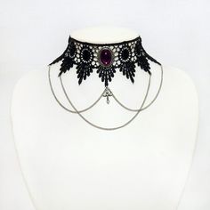 Choker necklace - venise lace choker with chains, cross and ornate purple pendant - LUCRETIA in purple. $39.50, DarkEleganceDesigns via Etsy. Adjustable Filigree Jewelry For Party, Intricate Design Choker Necklace For Party, Handmade Gothic Necklace For Formal Occasions, Elegant Clavicle Chain Necklace For Halloween, Evening Clavicle Chain Choker, Gothic Chain Jewelry As A Gift, Gothic Black Jewelry For Formal Occasions, Elegant Halloween Jewelry With Adjustable Chain, Party Choker With Intricate Design