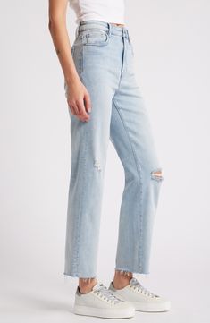 Made to look like well-loved favorites, these stretchy straight-leg jeans are distressed with threadbare rips, bleach splatters and ankle-grazing raw hems. 28" inseam; 11 1/2" front rise Zip fly with button closure Five-pocket style 93% cotton, 5% polyester, 2% spandex Machine wash, tumble dry Imported Everyday Light Wash Distressed Flare Jeans, Distressed Relaxed Fit Flare Jeans For Spring, Spring Distressed Relaxed Fit Flare Jeans, Spring Relaxed Fit Distressed Flare Jeans, High Rise Ripped Light Wash Flare Jeans, Distressed Light Wash Full-length Flare Jeans, High-rise Ripped Faded Flare Jeans, Fall Distressed Straight Leg Flare Jeans, Distressed Light Wash Straight Leg Bottoms