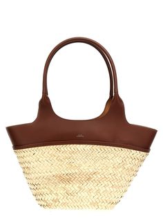 100% Raffia Luxury Bag With Rolled Handles In Natural Color, Designer Basket Bag In Woven Leather, Designer Woven Leather Basket Bag, Luxury Leather Basket Bucket Bag, Luxury Woven Leather Straw Bucket Bag, Luxury Straw Bucket Bag With Woven Leather, Designer Natural Basket-shaped Bags, Luxury Straw Tote Bag With Rolled Handles, Chic Leather Bucket Straw Bag