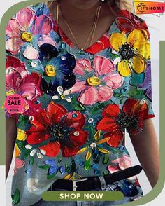 V Neck Floral-print Cotton-blend Short Sleeve T-shirt Fabric Paint Shirt, Embellished Clothing, Painted Clothing, Paint Shirts, Outfits Modest, Spring Boho, Blouse Tops, Short Sleeve Shirts, Printed T Shirts