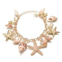 Introducing our charming Multi Starfish Sea Star Conch Shell Simulated-Pearl Beach Bracelet, a perfect accessory for capturing the spirit of the ocean and adding a touch of beachy elegance to your ensemble. This bracelet features a delightful mix of starfish, sea stars, conch shells, and simulated pearls, all intricately combined to create a stunning piece that evokes the beauty of the sea. The real shells add an authentic, natural touch, while the alloy elements provide durability and a polishe Conch Pearl, Seashell Bracelet, Pearl Charm Bracelet, Stella Marina, Starfish Bracelet, Starfish Necklace, Amber Ring, Shell Bracelet, Styl Boho