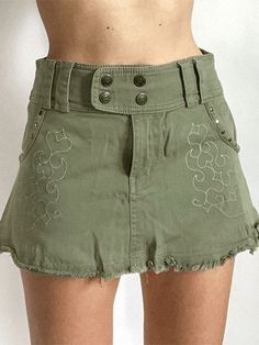 Embroidered Green Cargo Denim Mini Skirt - MomyMall Green / S Green Denim Skirt, Preppy Aesthetic Outfits, Preppy Skirt, Skirt Streetwear, Y2k Mini Skirt, Distressed Skirt, Retro Skirt, Micro Skirt, Skirt Y2k