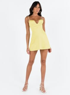 Mini dress Main: 100% polyester Silky material Pleated bust detailing with V neckline Boning through bodice Adjustable straps Invisible zip fastening at back Non-stretch Lined through bust Pleated Bust Dress, Lime Green Hoco Dress, Pastel Yellow Homecoming Dresses, Sorority Formal Dress Short, Pastel Homecoming Dresses, Light Yellow Hoco Dress, Yellow Hoco Dress Short, Preppy Hoco Dresses, Yellow Mini Dresses