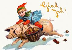 a child riding on the back of a pig that is holding a basket full of apples