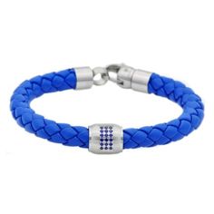 Add some refined style to any casual outfit with this braided leather bracelet. The bracelet's thick, tightly woven leather braid is made even better by the polished stainless steel lobster claps. A true alternative to traditional mens jewelry, this bracelet suits a range of styles . Bracelet is approximately 8.5 inches long. Instead of a traditional metal band, this mens bracelet features rich blue leather which is braided tightly to form a distinct pattern. A unique blend of weight, durability Modern Blue Leather Jewelry, Modern Adjustable Blue Braided Bracelets, Modern Adjustable Blue Braided Bracelet, Modern Blue Leather Bracelet Gift, Modern Blue Leather Bracelet, Cubic Zirconia Bracelet, Braided Leather Bracelet, Men's Bracelet, Refined Style