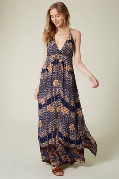 Annalisa Dress - Multi Colored | O'Neill Blue Backless Maxi Dress With Tie Back, Floor-length Smocked Back Vacation Dress, Floor-length Smocked Back Dress For Vacation, Floor-length Vacation Dress With Smocked Back, Bohemian Backless Maxi Dress With Smocked Back, Rayon Maxi Dress For Vacation, Sundress With Smocked Back Maxi Length, Blue Bohemian Maxi Dress With Smocked Back, Tie Back Halter Sundress In Maxi Length