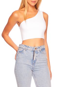 This smooth and stretchy shoulder-baring crop top makes an alluring statement with your high-waist styles. One-shoulder neck Sleeveless 90% nylon, 10% spandex Machine wash, dry flat Made in the USA of imported fabric Sleeveless One Shoulder Top For Summer, One Shoulder Top With Built-in Bra And Stretch, Sleeveless Elastane One Shoulder Top For Summer, Trendy One Shoulder Crop Top For Night Out, Trendy One-shoulder Crop Top For Night Out, Trendy Fitted One Shoulder Crop Top, One-shoulder Crop Top For Night Out In Summer, One Shoulder Crop Top For Summer Nights, One Shoulder Crop Top For Night Out In Summer