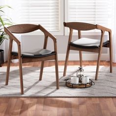 two chairs sitting on top of a wooden floor