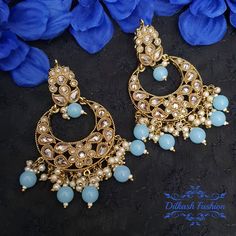 "Gorgeous, handcrafted gold & pop of color polki stud earrings! These are so classy! The earrings are 3.25 \" long & 2 \" wide. Picture is taken in natural room light. Please contact if you have any questions. Thanks!" Blue Danglers For Diwali Gift, Blue Festive Danglers, Heavy Blue Earrings For Festive Occasions, Festive Heavy Blue Earrings, Festive Blue Earrings, Blue Danglers For Diwali Celebration, Blue Kundan Danglers For Celebration, Blue Heavy Earrings For Diwali, Blue Kundan Chandbalis For Celebration