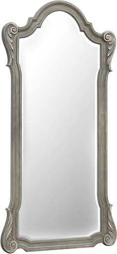 a large mirror with an ornate frame on the front and back sides, in grey wood