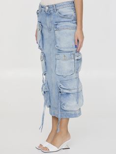 Cargo midi skirt in sky blue cotton denim. It features zip and button closure, multi-pocket design, belt loops and The Attico logo embroidered at the back. Regular fit. The model is 180cm tall and wears size 26.Size nationality: US Product number: 35704336 Product code: WCS189D073024 Composition: 100% cotton Spring Denim Skirt With Multiple Pockets, High Rise Blue Cargo Skirt With Pockets, Blue Utility Cargo Skirt With Pockets, Blue Denim Cargo Skirt With Pockets, Blue Cotton Denim Skirt With Patch Pockets, Blue Denim Skirt With Patch Pockets For Spring, Blue Denim Skirt With Side Pockets, Spring Blue Denim Skirt With Patch Pockets, High Rise Denim Blue Cotton Cargo Skirt