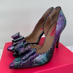 Nib Stunning Betsey Johnson Prince Faux Snake Skin Metallic Rainbow Heels. These Gorgeous Shows Fit True To Size. Truthfully The Box Has Seen Better Days But The Heels Are Perfect. If They Were My Size, I’d Be Keeping Them! Score For You! Bottoms Show Light Wear From Being Tried On In Store Rainbow Heels, Metallic Rainbow, Betsey Johnson Shoes, Better Days, My Size, Betsey Johnson, Snake Skin, Shoes Women Heels, Fashion Art