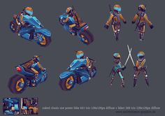 an image of a character on a motorcycle with different poses and armors for the game