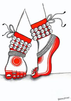 a pair of red and white shoes with beads on the soles are shown in this drawing