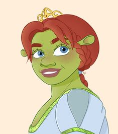 a cartoon character with red hair wearing a green dress and tiara, smiling at the camera