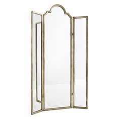 Distinctive style meets function with floor mirrors from Cyan Design. With an eclectic feel, decorative mirrors add dimension to any room. Put the finishing touch on any vintage-inspired room with this beautiful silver three-way floor mirror. Long rectangular shapes are joined together and topped with a classic Victorian-like silhouette. 44.5in W x 1.25in D x 75in H Center: 22.25in wide, Left & Right panels: 11in wide Color: Silver Material: Iron, Wood, Mirrored Glass Shop more Cyan Design Silver Floor Mirror, Hinged Mirror, Triptych Mirror, Vintage Inspired Room, Trifold Mirror, Elegant Mirrors, Mirror 3, Three Fold, Unique Mirrors