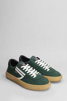 Sneakers in green suede, round toe, laces, logo on upper tongue, side patch logo, suede details, rubber sole, 100% velvet, made in Eu Green Low-top Custom Sneakers With Contrast Sole, Green Leather High-top Sneakers With Gum Sole, Green Custom Low-top Sneakers With Contrast Sole, Green Suede Sporty High-top Sneakers, Green Suede Sporty Sneakers, Green Suede High-top Sneakers With Rubber Sole, Green Leather Sneakers With Contrast Sole, Green Suede Lace-up Sneakers, Green Low-top Skate Shoes With Contrast Sole