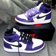 Air Jordan 1s Retro High In Court Purple With Both Pairs Of Black And Purple Laces, You Can Mix And Match! I Bought Them Used And They Were Not The Correct Size And I Was Unable To Return! Purple High-top Jordan Shoes, Nike High-top Purple Basketball Shoes, Nike Purple High-top Basketball Shoes, Custom Purple Sneakers For Sneaker Matching, Custom Purple Sneakers With Round Toe, Nike Purple Sneakers, Nike Jordan Purple, Purple Nike Shoes, Casual Shoes Women Sneakers