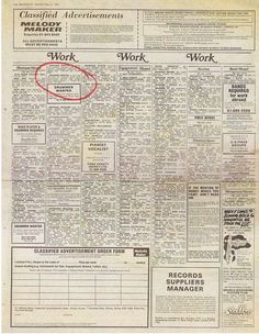 an old newspaper with the word work circled by a red circle on top of it