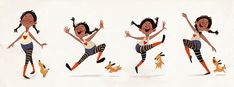 four different poses of a woman with her arms in the air and two cats running behind her