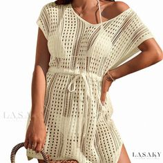 Lasaky - Knitted Solid Color Beach Skirt with Stylish Hollow-out Design - Sun Protection Cover-Up for Bikini Swimsuit Summer Beige Knit Cover-up, Casual Open Knit Swimwear For Vacation, Stretch Crochet Dress For Beach Vacation, Stretch Crochet Dress For Beach Season Vacation, Stretch Crochet Dress For Vacation Beach Season, Beach Season Stretch Crochet Dress For Vacation, Casual Knitted Beach Cover-up, Casual Knitted Beach Season Cover-up, Casual Knitted Cover-up For Beach Season