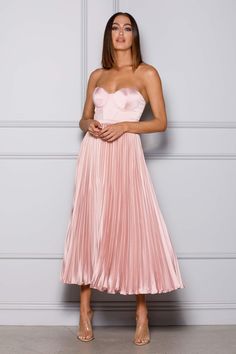 Formal Strapless Dress With Pleated Waist, Satin Gala Dress With Accordion Pleats, Pink Pleated Bodice Dress For Banquet, Pink Dress With Pleated Bodice For Banquet, Strapless Pleated Dress For Prom, Pleated Strapless Dress For Prom, Pink Pleated Dress For Prom Season, Spring Strapless Dress With Pleated Skirt, Strapless Pleated Evening Dress For Wedding