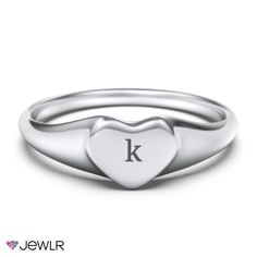 Signet rings are traditional rings that have been worn for centuries. This modern signet ring can be personalized with an initial engraving in the center of the heart and customized in your choice of sterling silver or 10k gold. Heart Shaped Initial Ring For Promise, Heart-shaped Initial Ring For Promise, Heart-shaped Initial Promise Ring, White Gold Monogram Promise Ring, Monogram White Gold Promise Ring, Sterling Silver Monogram Promise Ring, Sterling Silver Monogram Rings For Promise, White Gold Initial Promise Ring With Polished Finish, White Gold Monogram Jewelry For Anniversary