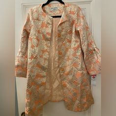 Nwt Helene Berman Orange And Gold Patterned Coat . Size 8 Fitted Orange Blazer With Long Sleeves, Orange Fitted Formal Outerwear, Formal Fitted Orange Outerwear, Tailored Long Sleeve Orange Outerwear, Elegant Long Sleeve Orange Blazer, Elegant Orange Spring Outerwear, Spring Formal Orange Outerwear, Elegant Fall Orange Blazer, Orange Formal Outerwear For Spring