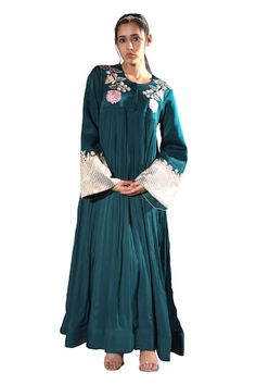 Emerald green padded bodice anarkali with placement floral bloom embroidery and stripe pattern cuffs. - Aza Fashions Anarkali Set With Long Sleeve And Floral Embroidery, Designer Festive Floral Anarkali Set, Floral Embroidered Anarkali Set For Navratri, Anarkali Set With Floral Embroidery, Floral Embroidered Anarkali Set, Eid Maxi Length Kurta With Dori Work, Anarkali Set With Floral Embroidery For Navratri, Floral Embroidery Anarkali Set For Navratri, Maxi Length Kurta With Dori Work For Eid