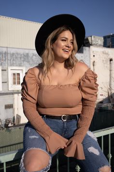 The BELLA Crop Top features a square neckline and puffy sleeves with ruched back and sleeves that flare at the wrist. Wear it with your favorite high waisted jeans and strappy sandals. Tan Crop Top, Wrist Wear, High Waisted Jeans, Big Fashion, Puffy Sleeves, Crop Blouse, Crop Shirt, Strappy Sandals, Square Neckline