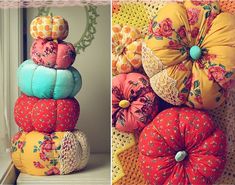 decorative pumpkins are stacked on top of each other