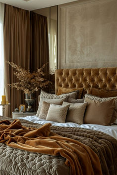 a large bed sitting next to a window with brown curtains and pillows on top of it