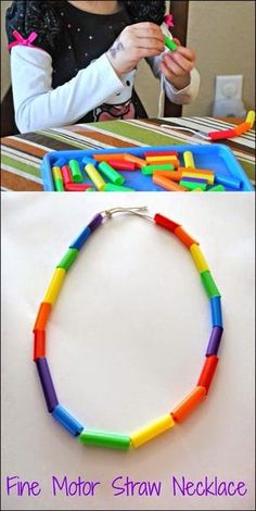 two pictures with different colored beads on them and one has a necklace made out of plastic letters