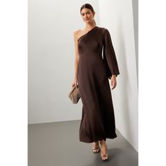 Brown (100% Polyester). Gown. Long sleeve. One shoulder. Side zipper closure. 60" from shoulder to hemline. Imported. One Shoulder Evening Maxi Dress For Fall, Asymmetrical Neckline Maxi Dress For Fall Party, Spring Off-shoulder Maxi Dress For Dinner, Fall Off-shoulder Evening Maxi Dress, Fall Off-shoulder Maxi Dress For Evening, Fall Evening Off-shoulder Maxi Dress, Fall Party Maxi Dress With Asymmetrical Neckline, Elegant One-shoulder Maxi Dress For Fall, Elegant One-shoulder Fall Maxi Dress