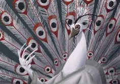 a painting of a white peacock with red and black feathers on it's head