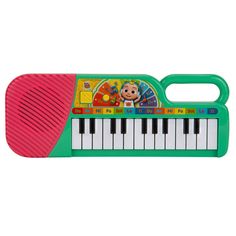 a toy musical instrument with a mickey mouse on the front and sound board on the back