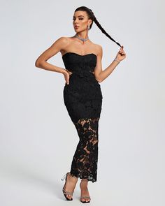 Featuring a lace floral cutout bustier design, this maxi dress adds a touch of elegance to any occasion. Its form flattering silhouette and intricate lace detailing create a sophisticated look, while the cutout design adds a modern twist. Perfect for a formal event or a night out, this dress will make you feel confident and stylish. Our Style No.TJ23500 Height - 68.9"/175cm Bust - 34.6"/88cm Waist - 25.6"/65cm Hips - 36.6"/93cm and wears size S About Wholesale/Dropshipping, please contact us! No Lace Strapless Midi Dress For Party, Strapless Lace Dress For Prom, Fitted Lace Strapless Midi Dress, Strapless Lace Dress For Prom With Lace Bodice, Elegant Strapless Scalloped Lace Dress, Gala Lace Maxi Dress With Lace Bodice, Lace Strapless Prom Dress With Lace Bodice, Lace Bodice Strapless Prom Dress, Elegant Lace Corset Dress For Date Night