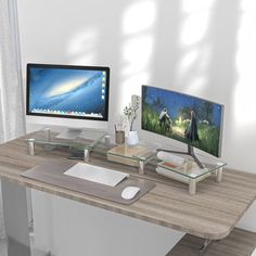 a computer monitor sitting on top of a wooden desk next to a keyboard and mouse