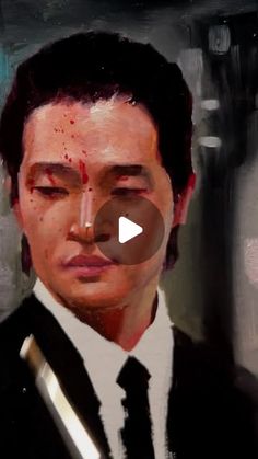 a painting of a man in a suit and tie with blood on his face, holding a knife