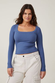 Staple Rib Scoop Neck Long Sleeve Top Fitted Casual Long Sleeve Top With Scoop Neck, Fitted Scoop Neck Long Sleeve Top, Fitted Casual Long Sleeve Scoop Neck Top, Blue Cropped Elastane Top, Fall Square Neck Fitted Top, Versatile Scoop Neck Tops For Layering, Casual Long Sleeve Scoop Neck Top For Layering, Casual Scoop Neck Tops For Fall, Casual Cropped Elastane Tops