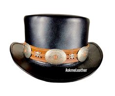 Leather Top Hat Conchos Band Style - Rocker Style Black Top Hat Handmade with 100% Cowhide Leather Biker Top Hat Gift for him New with Tags Description: * High-Quality Craftsmanship handmade * Real Leather * 100% pure leather **Those living in remote areas will have to pay $45 extra as shipping charges before the item is shipped. Sizing: Heads come in all sizes, and in a lots variety of shapes. Although high quality hats are adaptable, and will usually conform to differences in shape with a little wearing, it is essential that the size be correct for the head. To determine your hat size, measure the circumference around your head, keeping the tape level and firm, across the temples and above the eyebrow ridges. Check the size chart given below. For in-between measurements use the next size Steampunk Leather Hat Band With Short Brim, Leather High Crown Top Hat For Festival, Black Leather Steampunk Top Hat, Black Fitted Leather Hat, Fitted Black Leather Hat, Steampunk Leather Brimmed Hat Bands, Leather High Crown Top Hat For Rodeo, Steampunk Leather Hat For Festivals, Steampunk Leather Festival Hat