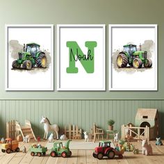 there are two pictures on the wall with farm animals and tractors in front of them