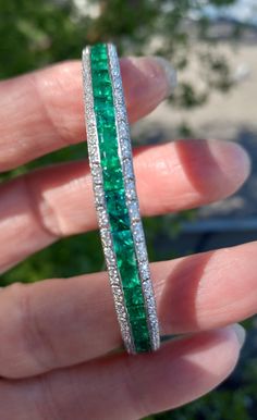 Absolutely Stunning 18K Gold ( stamped 750) Diamond Colombian Emerald Bangle Bracelet... Emerald is in Bright Green Gorgeous color.. Weight 28 Grams approximately.  Safety chain on the side .. Some pics Enlarged to see details. All sales are final no Return. Bracelet is in good Pre Owned Vintage Condition. Bangle is Flexible, not hard like most of  bangles.. ALL ITEMS FROM MY SHOP MUST BE PURCHASED FROM ETSY.COM WEBSITE ONLY. Not thru Google and Others Off-site Ads. Bracelet Emerald, Gold Jewellery Design Necklaces, Colombian Emeralds, Safety Chain, Gold Bangle Bracelet, Jewelry Design Necklace, Gold Jewellery Design, Jewellery Design, Gold Jewellery