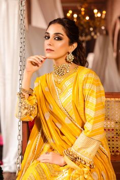 Alkaram FC-23J-23-Mustard Festive Eid Collection Original brand suit fabric and photography lite diffrance in actual print. Eid Collection, Suit Fabric, Pakistani Outfits, Pakistani Dresses, Mustard, Actresses, Festival, The Originals, Photography