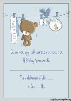 a baby shower card with a teddy bear hanging from a clothes line and two doves