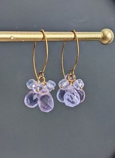 "Lavender Amethyst Chalcedony Cluster Earrings, 24 K Gold Filled Sterling Silver Earrings, Faceted Teardrop Purple Earrings, Marquise Hook. 24 K gold over sterling silver hook pierced and wire.   Earrings total length of about: 1 2/3\" ( 42 mm.) * Processing time is 3 - 5 days.  * US orders are shipped first class mail. * International orders are shipped first class international. * Shipping upgrades are available at checkout. Thank you for visiting my listing! Have a wonderful day!" Lavender Nickel Free Dangle Earrings, Lavender Dangle Earrings Nickel Free, Lavender Drop Earrings For Gifts, Lavender Teardrop Jewelry With Ear Wire, Lavender Briolette Earrings For Gift, Lavender Teardrop Earrings With Ear Wire, Purple Drop Earrings With Ear Wire, Purple Dangle Teardrop Earrings With Ear Wire, Lavender Dangle Earrings With Ear Wire