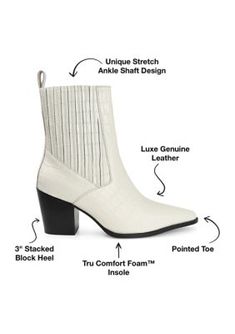 Booties that have a point to make, the Markka by Journee Signature. This pointed-toe silhouette borrows design elements from the west with covered stretch gore and genuine leather with a croc texture throughout. A 4 mm Tru Comfort Foam insole lines the footbed, and a dark block heel elevates the look. | Journee Collection Women's Markka Booties, White, 7.5M Spring Fitted Almond Toe Booties, Fitted Booties With Reinforced Heel And Pointed Toe, Fitted Pointed Toe Chelsea Boots For Winter, Fitted Chelsea Boots With Pointed Toe For Winter, Fitted Chelsea Boots With Stacked Heel For Fall, Fitted Almond Toe Booties With Reinforced Heel, Spring Chelsea Boots With Reinforced Heel And Pointed Toe, Fitted High Ankle Booties With Stacked Heel, Fitted Heeled Boots With Heel Pull Tab For Fall