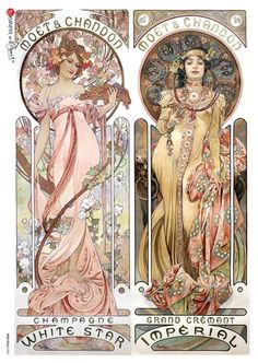 two art nouveau style posters with women in dresses and flowers on the sides, one is holding