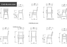 the cadd block diagram shows different types of chairs and tables, with measurements for each chair